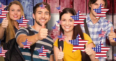 Image of smiling friends over stars coloured with american flag