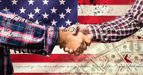 Image of men holding hands over document and american flag