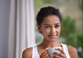 Thinking, smile and woman with coffee on balcony with peace, reflection or calm morning. Face, remember and female person on a terrace with tea, idea or happy, memory or insight with view of nature