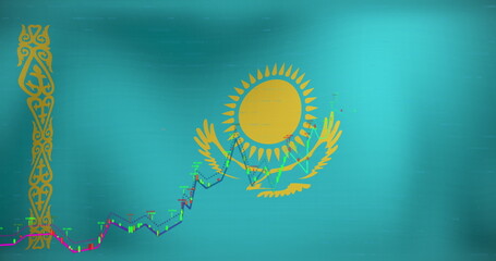 Naklejka premium Image of data processing over flag of kazakhstan