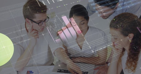 Image of statistics and financial data processing over business people in meeting