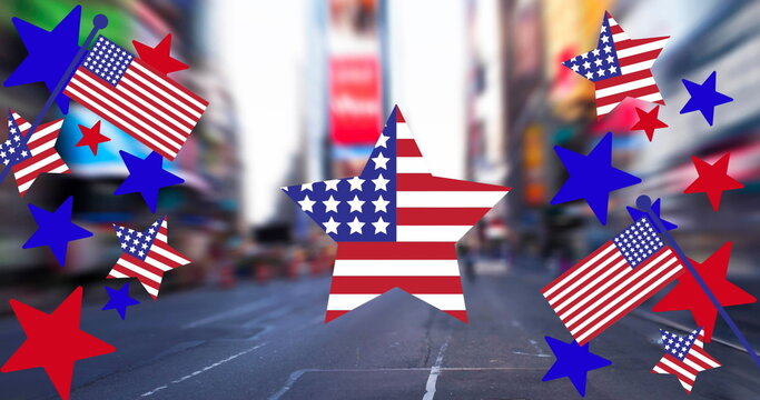 Image of stars coloured in american flag over cityscape