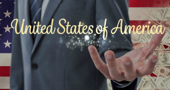 Naklejki Image of united states of america text over man reaching his hand and american flag
