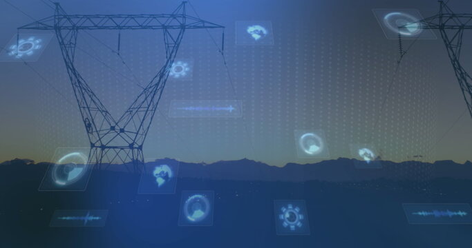 Image of scopes scanning and data processing on screens over electric pylons
