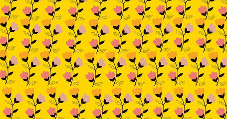 Image of multiple flowers moving over yellow background