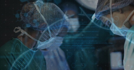 Image of dna strand and medical data over diverse female surgeons operating on patient