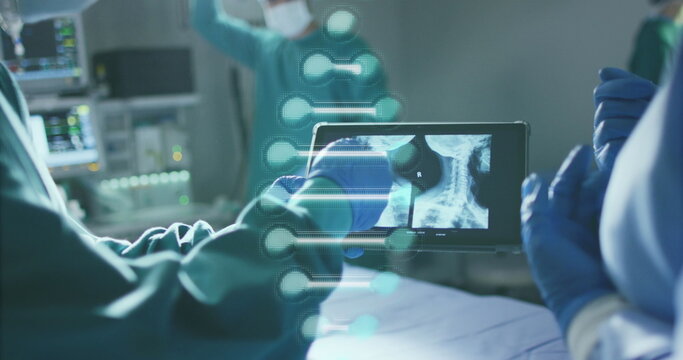 Image of dna strand over portrait of smiling diverse doctors working in hospital