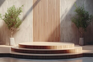 A minimalist podium with a sleek wooden texture
