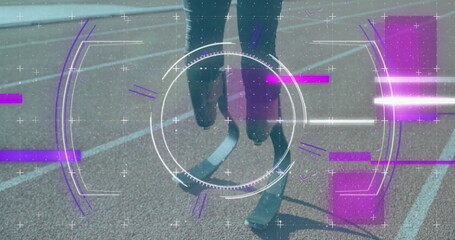 Image of digital data processing over disabled male athlete with running blades on racing track