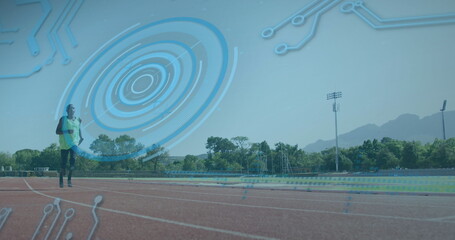 Image of digital data processing over disabled male athlete with running blades on racing track