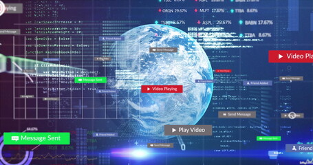 Image of social media text on banners over data processing and globe