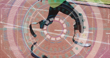 Image of digital data processing over disabled male athlete with running blades on running track