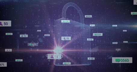 Image of social media icons on banners over digital online security padlock