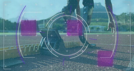 Image of digital data processing over disabled male athlete with running blades on running track