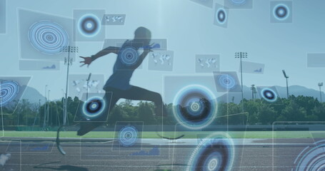 Image of digital data processing over disabled male athlete with running blades on racing track