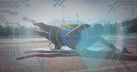 Image of digital data processing over disabled male athlete with running blades on running track