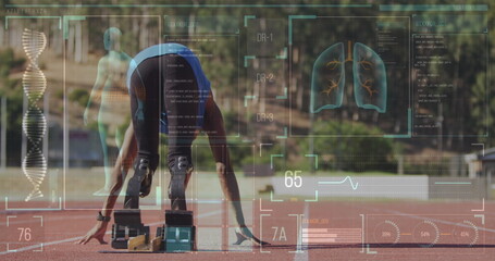 Image of digital data processing over disabled male athlete with running blades on running track