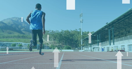 Image of arrows pointing up over disabled male athlete with running blades on running track