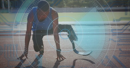 Image of digital data processing over disabled male athlete with running blades on running track