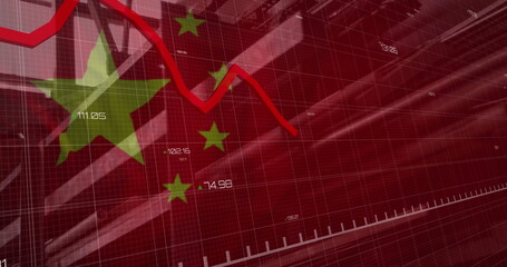 Fototapeta premium Image of financial data processing, flag of china over factory