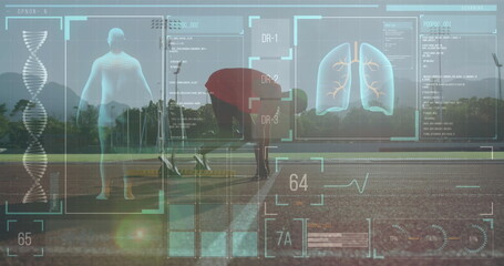 Image of digital data processing over disabled male athlete with running blades on running track