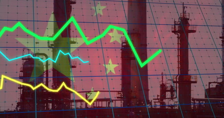 Image of financial data processing, flag of china over factory