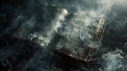 dark ancient book with magic smoke , magical book 