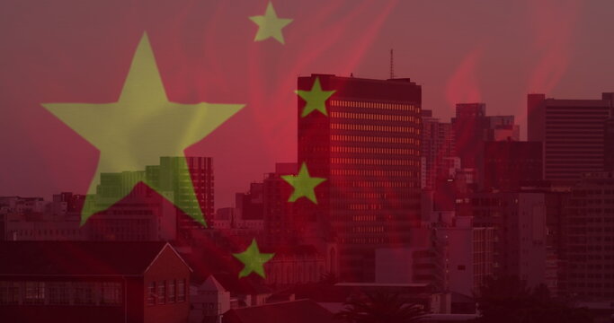 Naklejki Image of flag of china over cityscape