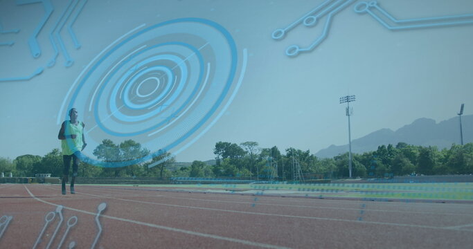 Image of digital data processing over disabled male athlete with running blades on racing track