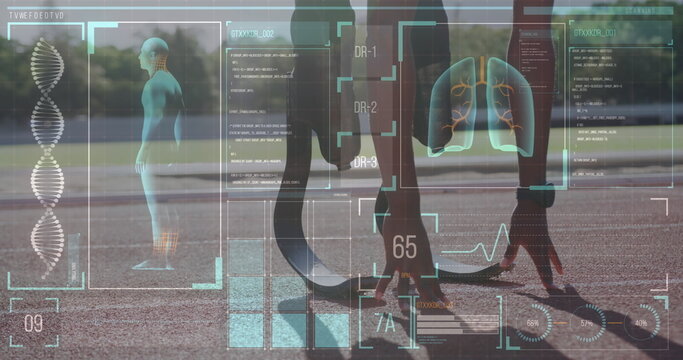 Image of digital data processing over disabled male athlete with running blades on running track