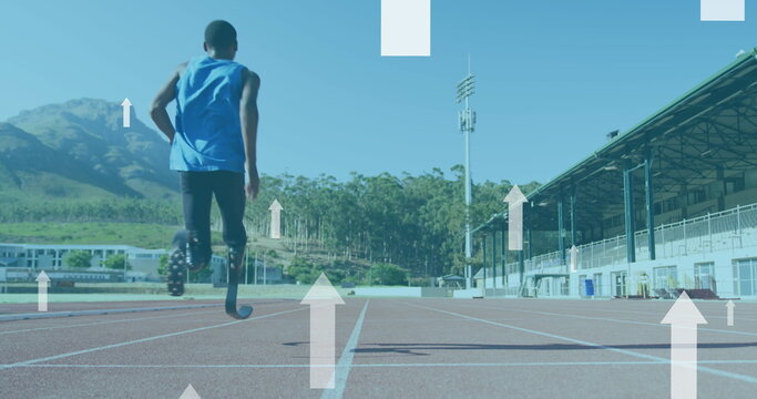 Image of arrows pointing up over disabled male athlete with running blades on running track