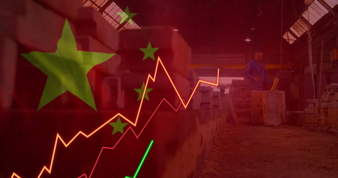 Image of financial data processing, flag of china over warehouse
