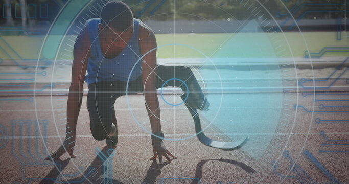 Image of digital data processing over disabled male athlete with running blades on running track