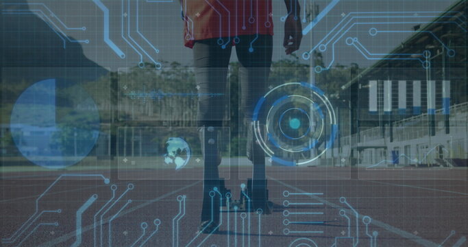 Image of digital data processing over disabled male athlete with running blades on running track