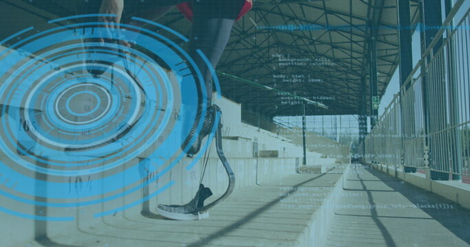 Image of digital data processing over disabled male athlete walking in stands of sports stadium