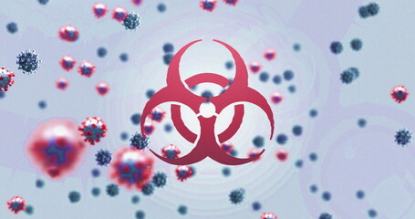 Image of biohazard sign and covid 19 cells floating over white background