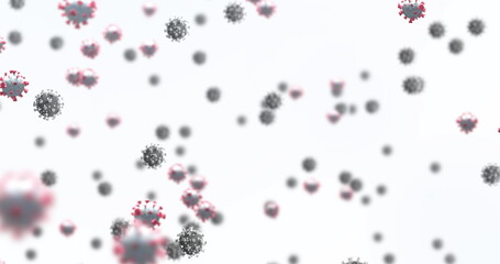 Image of covid 19 cells floating over white background