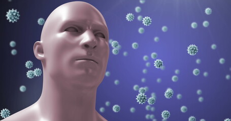 Image of human bust and covid 19 cells floating over purple background