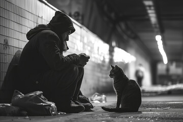 Tired homeless man and tubby cat sit under bridge at dimly light. Vagrant meets stray canine animal finding place for rest in city black and white - obrazy, fototapety, plakaty