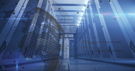 Data processing over spinning globe against computer server room