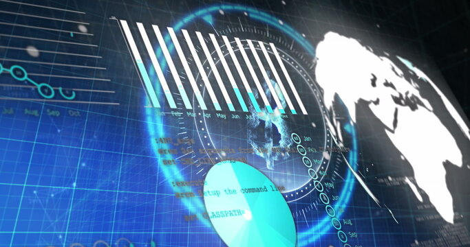 Statistical data processing and pound symbol over a round scanner against blue background