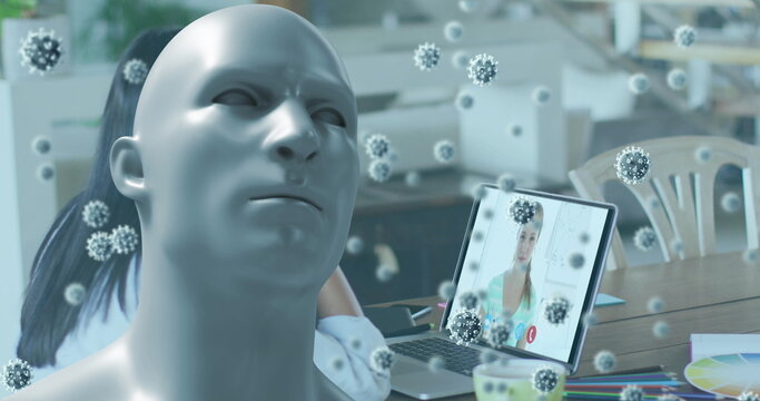 Image of human head and covid 19 cells a over businesswoman on laptop image call