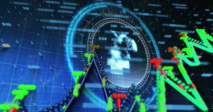 Statistical data processing and russian rubble symbol over a round scanner against blue background
