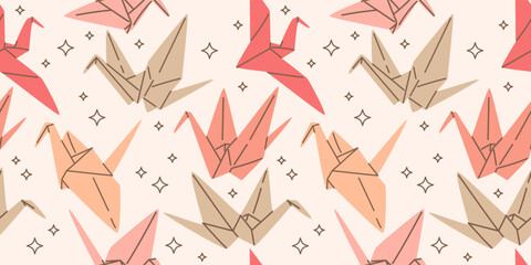 Seamless pattern with Origami paper fold cranes in modern simple flat graphic style. Trendy Hand drawn Vector illustration. Symbol of peace, hope, dream. - 757026504