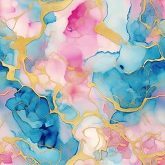Fototapeta na wymiar Abstract fluid art with swirling patterns of blue and pink hues, accented with gold.
