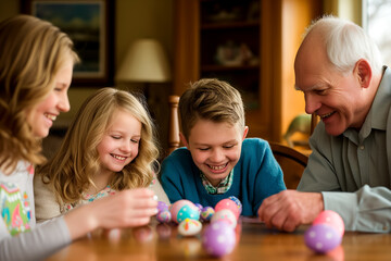 Fototapeta premium family of generations several at the table painting Easter eggs preparing for Easter