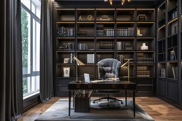 Luxurious home office with dark wood bookshelves and a classic desk