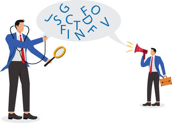 One Businessman listening to a big speech bubble while another man talking