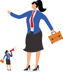 Businesswoman talking through megaphone and standing in front of big feet