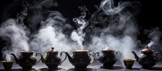 A row of teapots and cups steaming with hot water resembling cumulus clouds in the sky, creating a whimsical geological phenomenon in the landscape